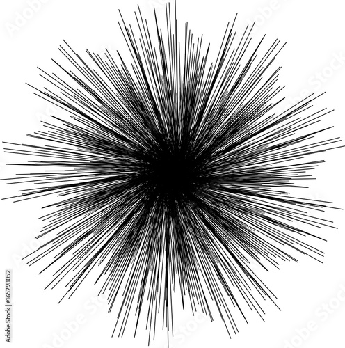 Sunburst, starburst shape black on white. Design element. Radiating radial merging lines, stripes or fireworks. Abstract circular geometric pattern. Vector illustration