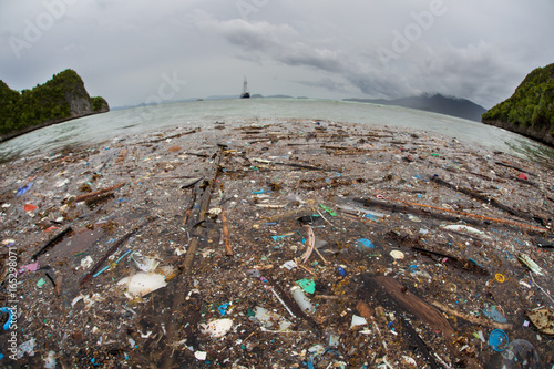 Plastic Trash Floats Near Island in Tropical Pacific Ocean