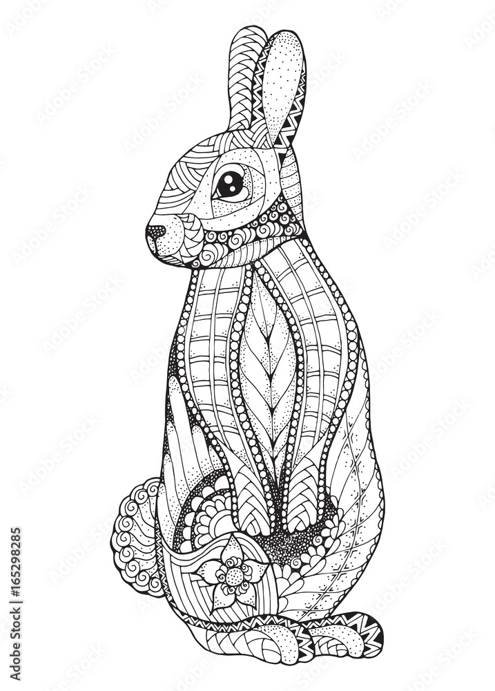 Fototapeta premium Królik stojący. Ilustracja wektorowa zentangled i stippled. Kolorowanka antystresowa dla dorosłych i dla dzieci. Wzór.