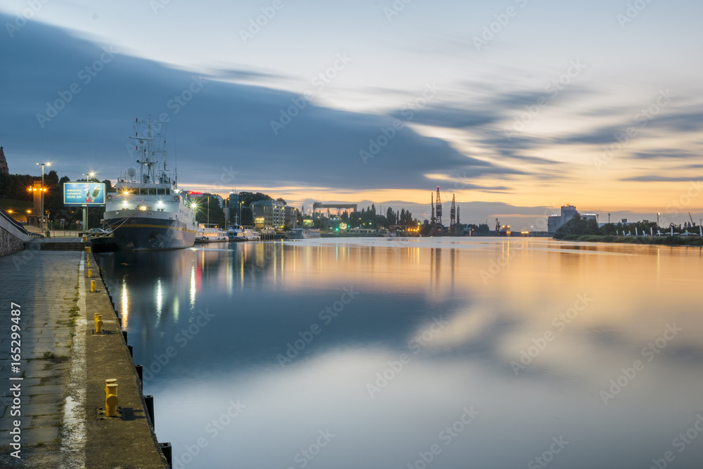 Boulevards river and waterfront city on the Oder River in Szczecin