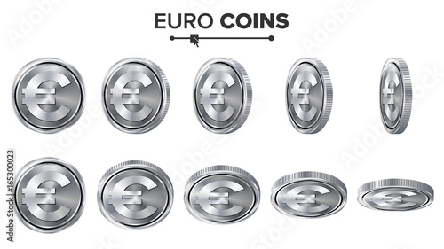 Money. Euro 3D Silver Coins Vector Set. Realistic Illustration. Flip Different Angles. Money Front Side. Investment Concept. Finance Coin Icons, Sign, Success Banking Cash Symbol. Currency Isolated