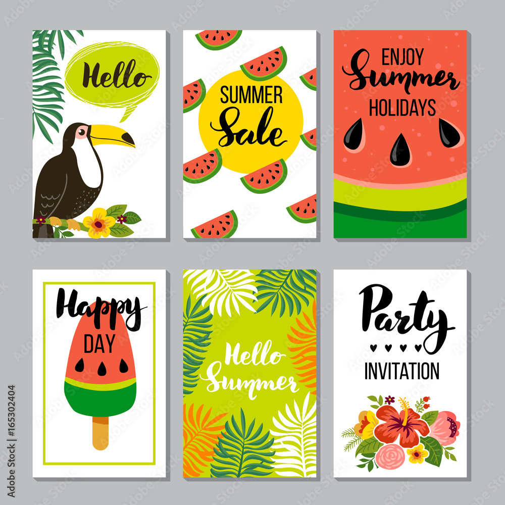 Summer card set, elements with quotes, calligraphy, flowers, wreath.  Perfect for greeting cards, sale badges, scrapbook, poster, cover, tag,  invitation. Hand drawn style, vector illustration. Stock-Vektorgrafik