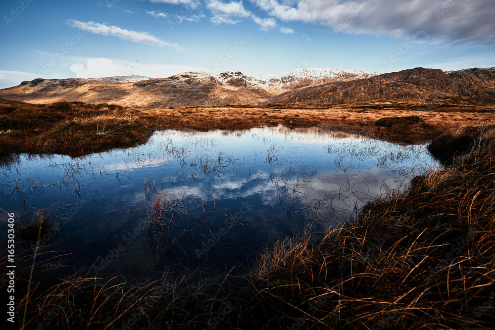 Berge bedeckt mit Schnee im Winter in Donegal Irland mit See im Vordergrund und einem bewölkten Himmel Berge bedeckt mit Schnee im Winter in Donegal Irland mit See im Vordergrund und einem bewölkten Himmel