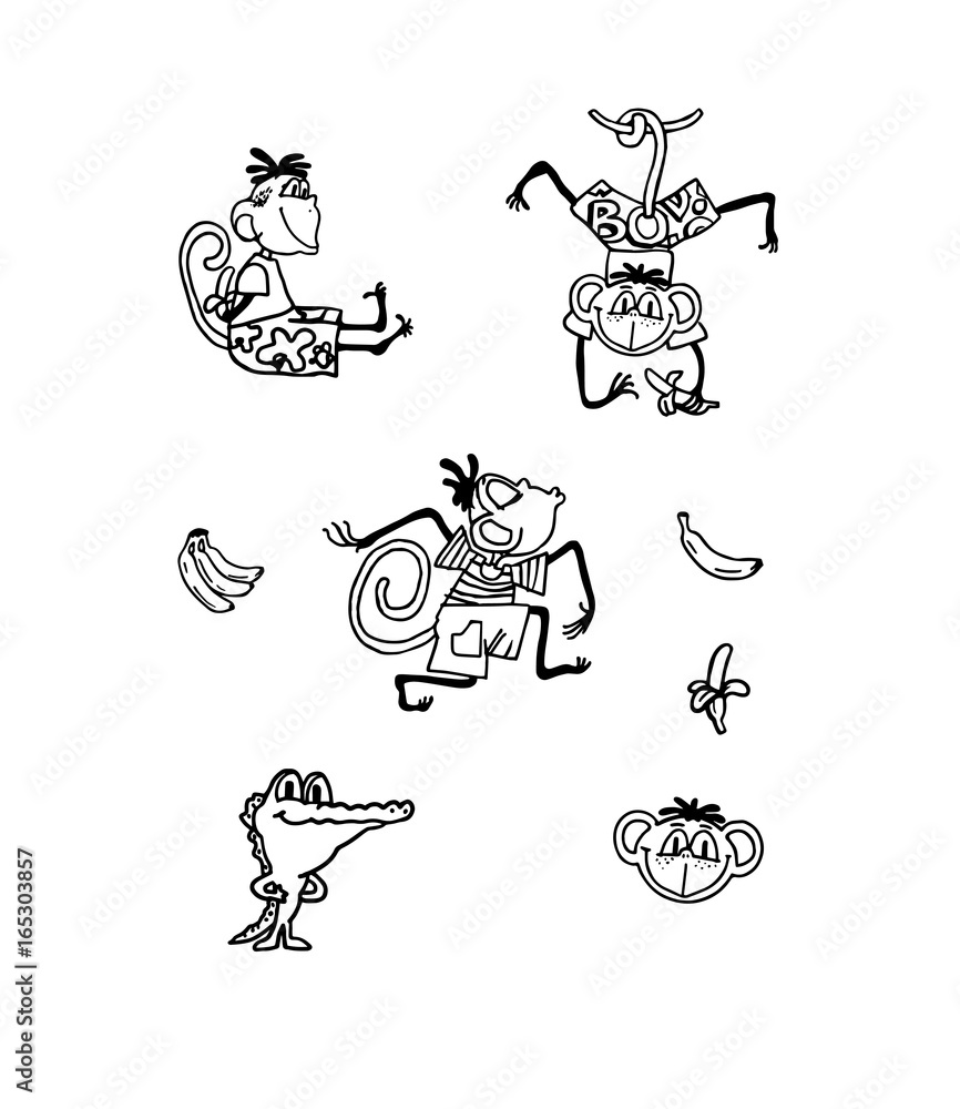 Cartoon hand drawn set of wild monkeys with bananas and crocodile. Hand-drawn monochrome black and white background, EPS 10. Vector illustration isolated on white background.