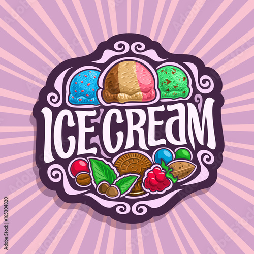 Vector logo for Ice Cream: 3 scoop balls of blue bubble gum ice cream, neapolitan sundae dessert, mint chocolate chip gelato icecream, in vintage sign lettering title - ice cream on pink background.