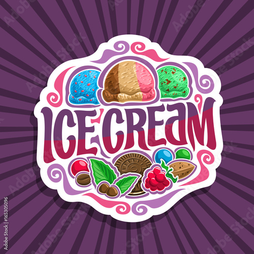 Vector logo for Ice Cream: 3 colorful scoop balls of blue bubble gum ice cream, neapolitan sundae dessert, mint chocolate chip gelato icecream, in sign lettering title - ice cream on purple background