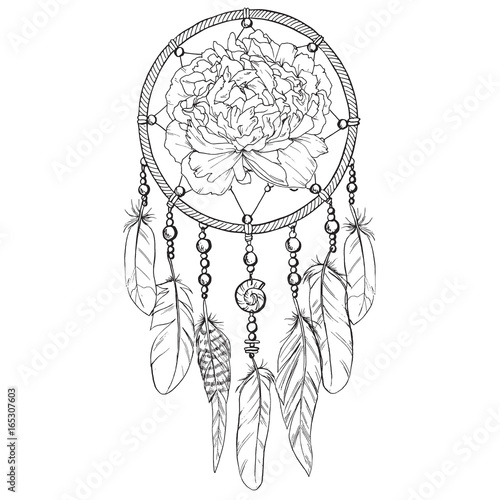 Hand drawn ornate Dreamcatcher with peony bud in contour. Vector illustration.