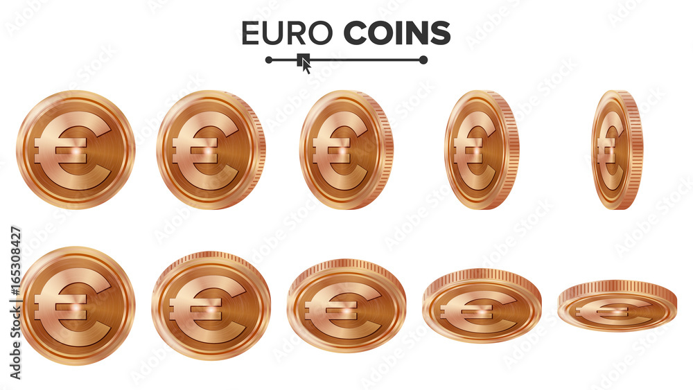 Money. Euro 3D Copper Coins Vector Set. Realistic Illustration. Flip Different Angles. Money Front Side. Investment Concept. Finance Coin Icons, Sign, Success Banking Cash Symbol. Currency Isolated Money. Euro 3D Copper Coins Vector Set. Realistic Illustration. Flip Different Angles. Money Front Side. Investment Concept. Finance Coin Icons, Sign, Success Banking Cash Symbol. Currency Isolated