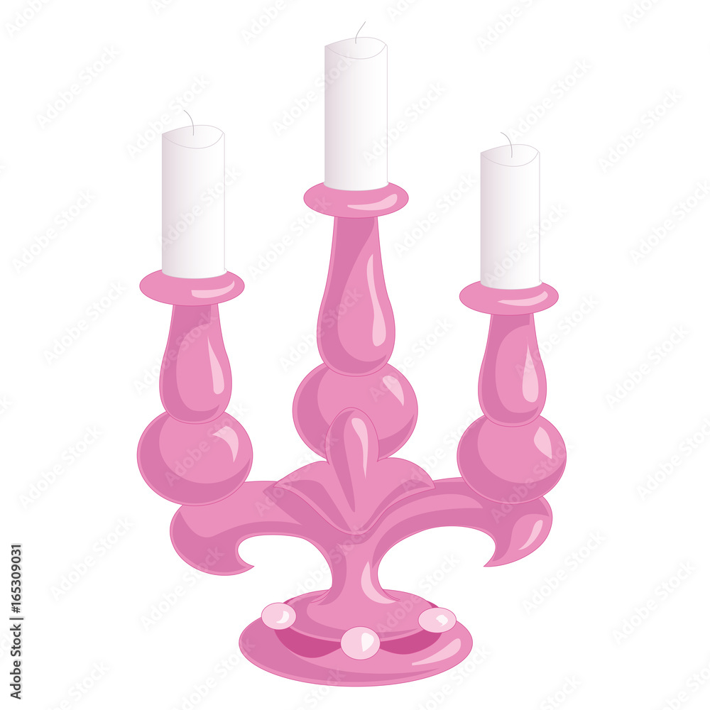 Pink candlestick on three candles isolated on white background. Vintage household items. Cartoon drawing vector illustration. Pink candlestick on three candles isolated on white background. Vintage household items. Cartoon drawing vector illustration.