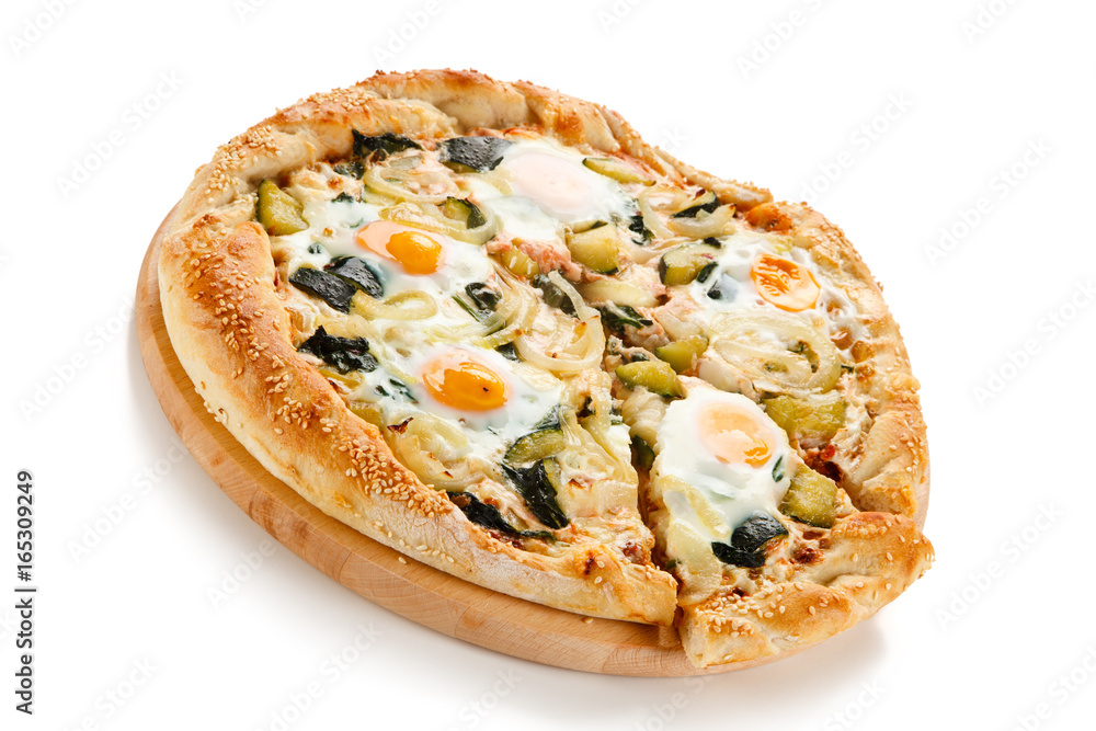 Vegetarian pizza with eggs, zucchini and onion