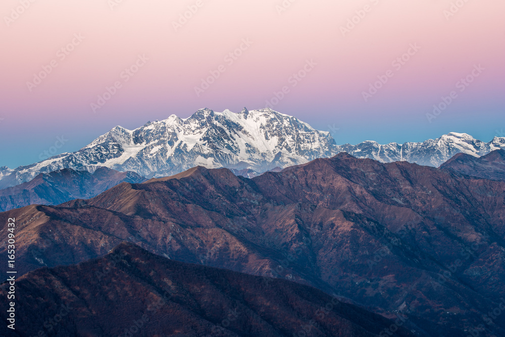 View of Monte Rosa from Mottarone at sunrise.