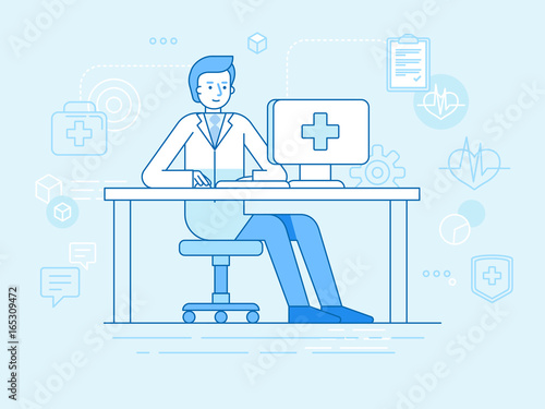 Vector illustration in linear flat style and blue colors - online and tele medicine concept