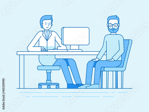 Vector illustration in flat linear style and blue color - health care concept - man visiting doctor