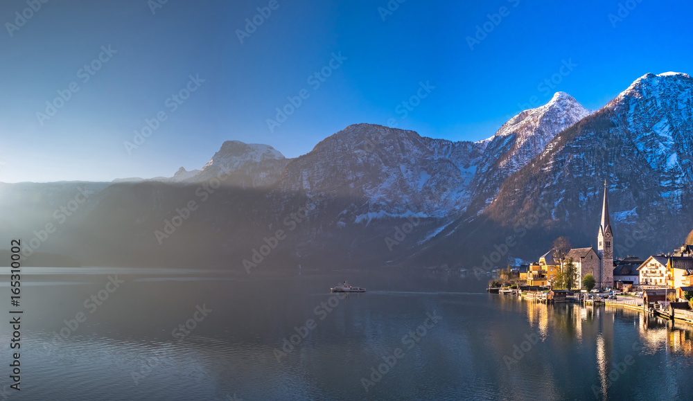 HDR-Panoramic View Of Hallstatt at Dawn with sun rays, Austria