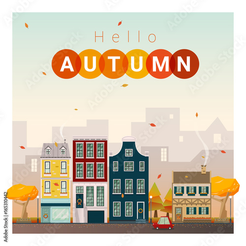Hello autumn cityscape background , vector , illustration