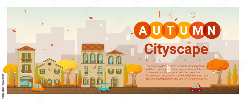 Hello autumn cityscape background , vector , illustration Hello autumn cityscape background , vector , illustration