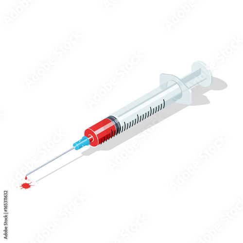 Syringe with blood and drop.