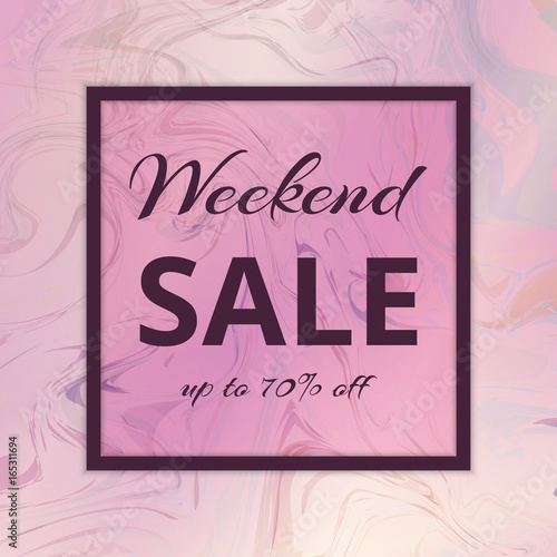 Leaflet with special offers for weekend sales. Festive pastel background ink on water with marble pattern. 
