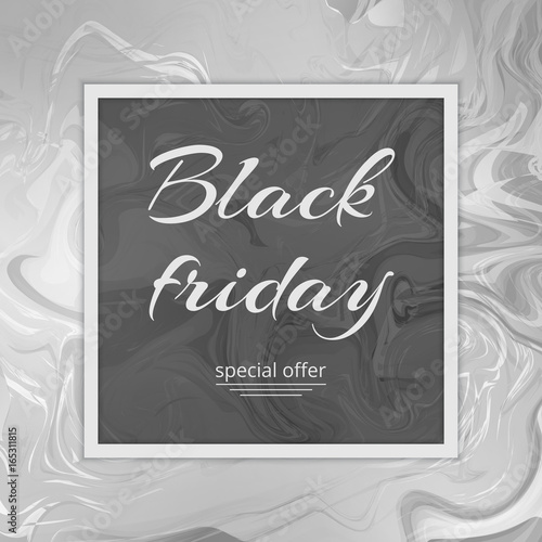 Black Friday banner with special offers for sale day. Marble surface with a gray texture. Watercolor background marbles art. 
