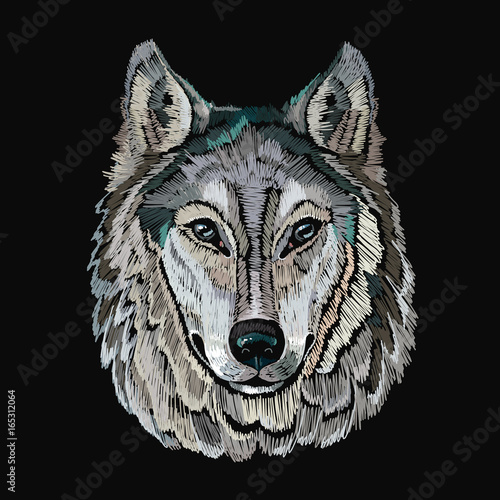 Embroidery wolf. Embroidery portrait of gray wolf vector, template for clothes, textiles, t-shirt design