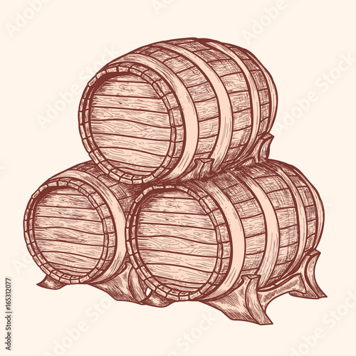 Old woods kegs. Barrel for storage of wine, beer, alcohol. Barrel for storage of wine, beer, alcohol. Hand drawn retro vintage illustration, engraved style © no_stromo