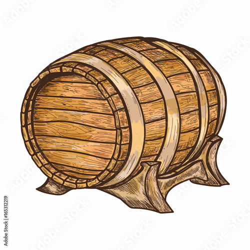 Old wood keg. Barrel for storage of wine, beer, alcohol. Wooden barrel. Hand drawn retro vintage illustration, engraved style © no_stromo