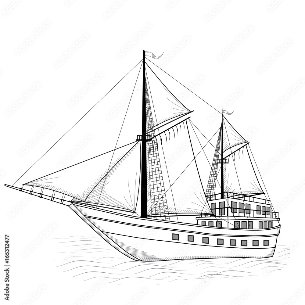 vintage ship with sails and reflection