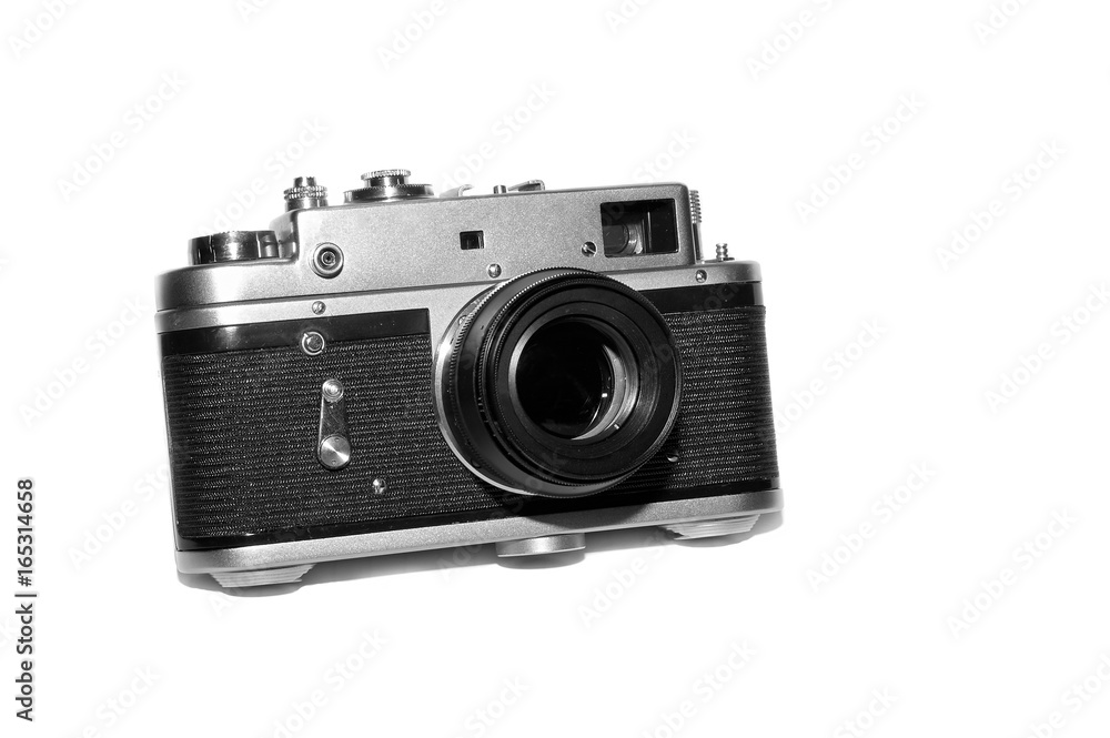 Retro film photo camera isolated on white background