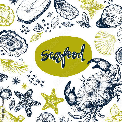 Seafood vector design template, banner. Seafood vector illustration hand drawn. Restaurant menu.