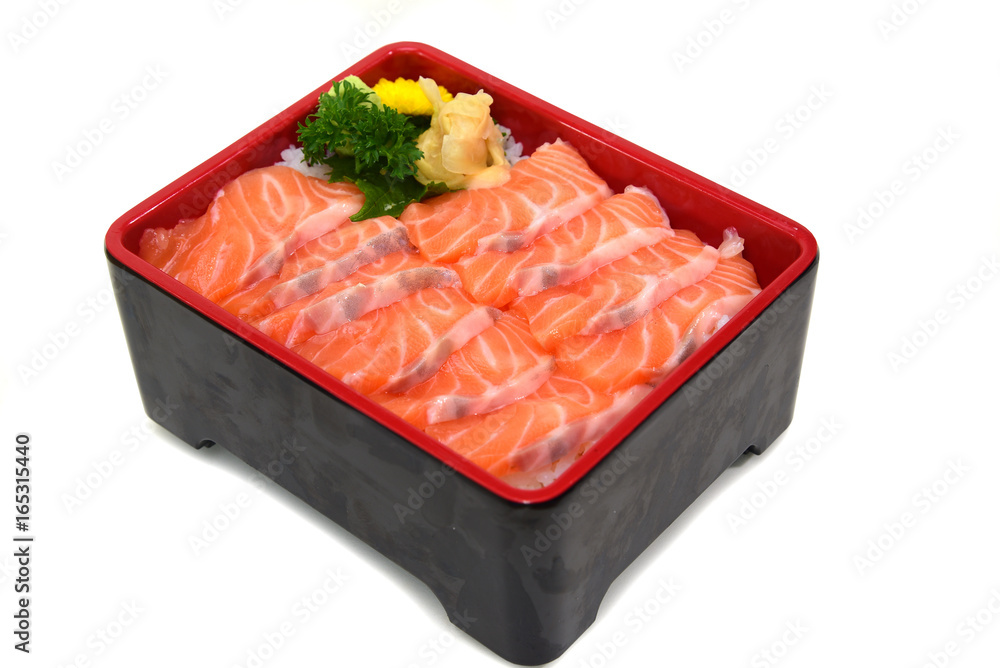 Salmon don Rice box : fresh sliced Salmon Sashimi on Rice Box isolated on white background with Clipping path Salmon don Rice box : fresh sliced Salmon Sashimi on Rice Box isolated on white background with Clipping path