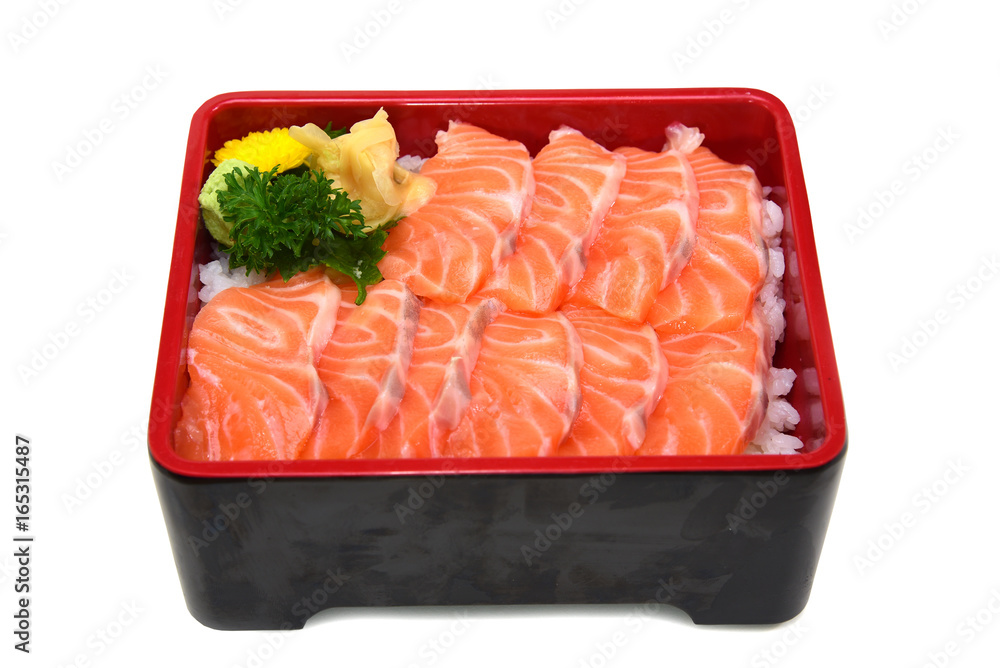 Salmon donburi : fresh sliced Salmon Sashimi on Rice Box isolated on white background with Clipping path Salmon donburi : fresh sliced Salmon Sashimi on Rice Box isolated on white background with Clipping path