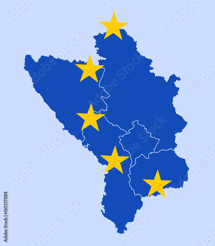 States of western Balkan as members of European Union. Bosnia, Serbia, Macedonia, Montenegro and Albania in the colors of EU as metaphor of accession, joining and membership 