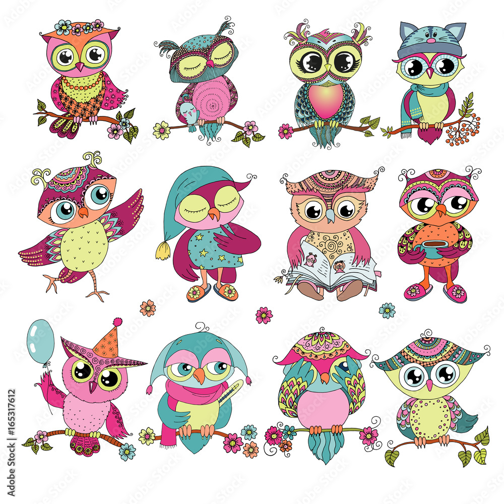 Set of 12 cute colorful cartoon owls Set of 12 cute colorful cartoon owls
