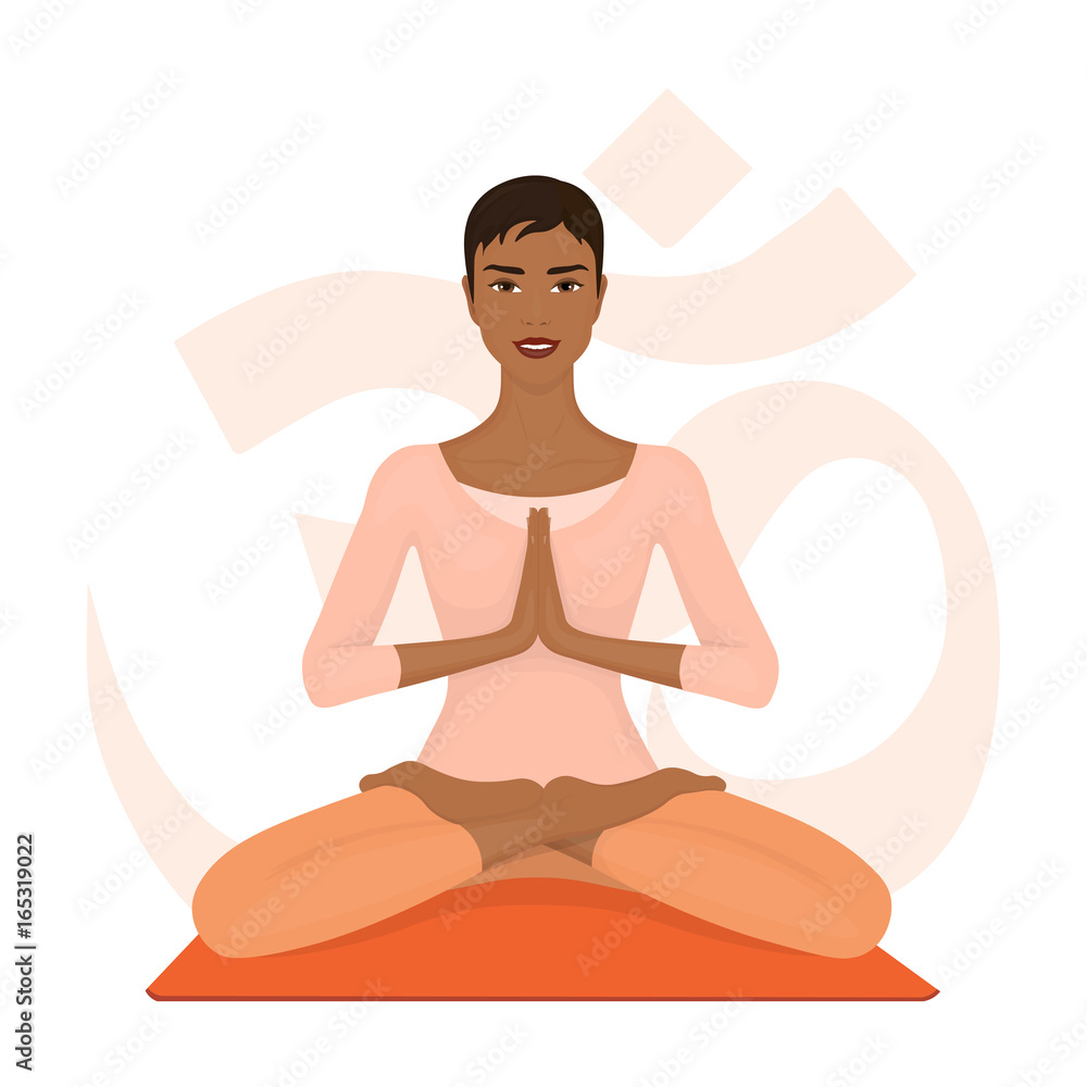 Woman meditating in lotus pose. Girl with crossed legs. Yoga, sport and fitness. Vector illustration Woman meditating in lotus pose. Girl with crossed legs. Yoga, sport and fitness. Vector illustration