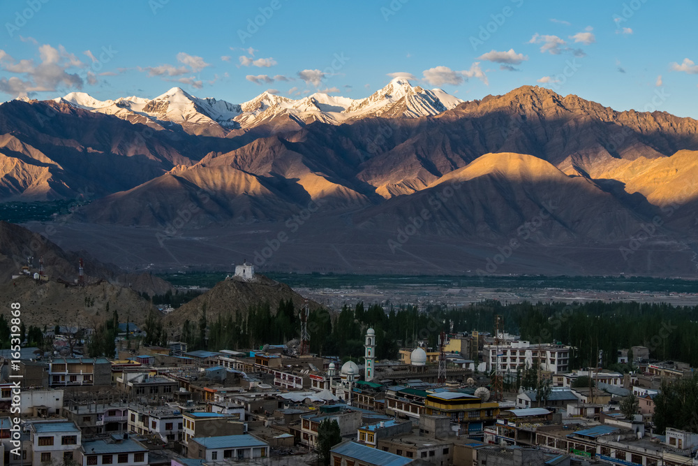 Aerial view of Leh city in the morning from Leh Palace, India