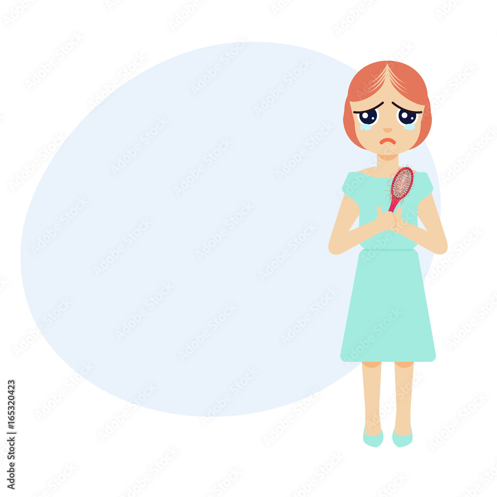 Full length portrait of a woman crying over hair loss. Hair treatment and transplantation concept. Female alopecia infographic medical template with place for text. Cartoon vector illustration.
Full length portrait of a woman crying over hair loss. Hair treatment and transplantation concept. Female alopecia infographic medical template with place for text. Cartoon vector illustration.