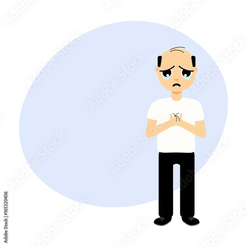 Full length portrait of a man crying over hair loss. Treatment and transplantation concept for clinics and diagnostic centers. Male alopecia template with place for text. Cartoon vector illustration
