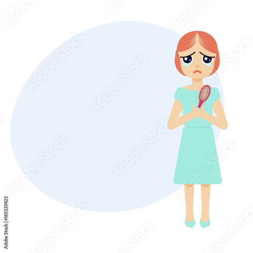 Full length portrait of a woman crying over hair loss. Hair treatment and transplantation concept. Female alopecia infographic medical template with place for text. Cartoon vector illustration.

