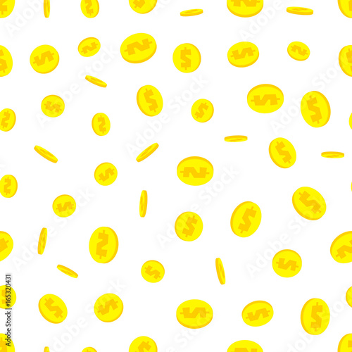 Seamless vector pattern with golden dollar coins falling down on white background. Giving money, fundraising success business concept. Internet banking, mobile payments, investment, saving symbol.