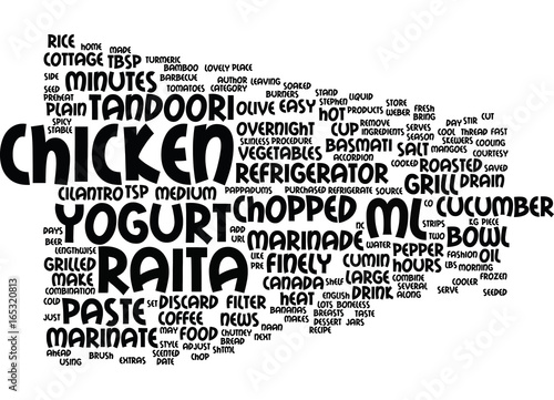 GRILLED TANDOORI STYLE CHICKEN WITH COOL CUCUMBER RAITA Text Background Word Cloud Concept