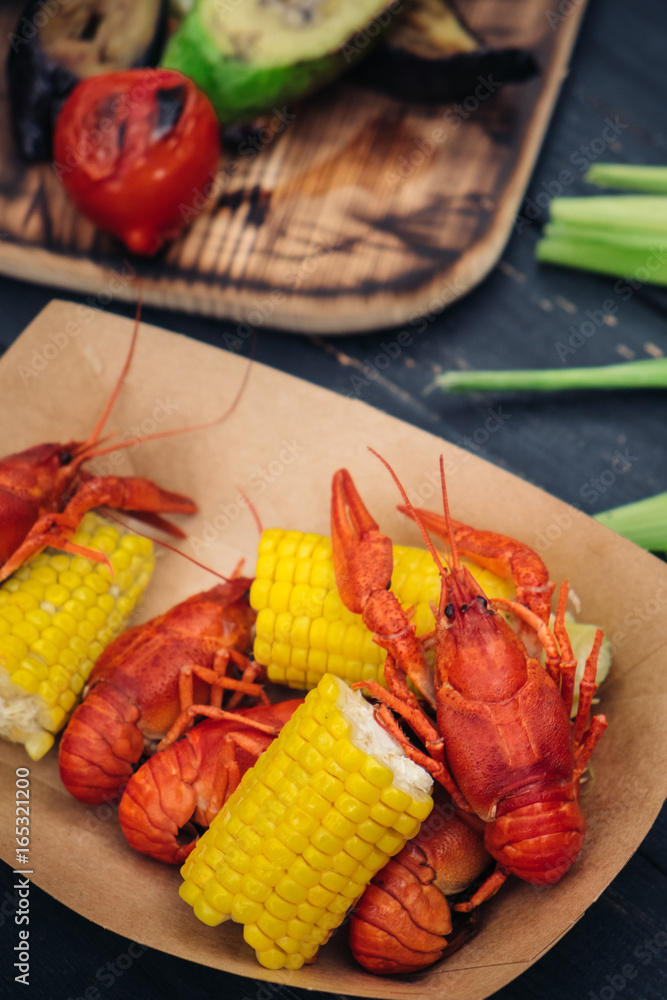 Cooked crayfish with grilled vegetables Cooked crayfish with grilled vegetables