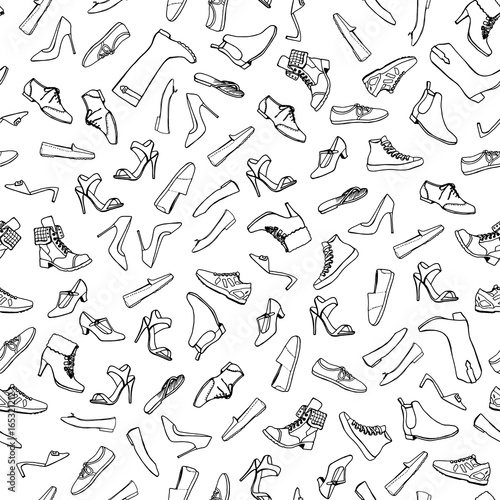 Cartoon hand drawn SHOES seamless pattern. Lots of symbols, objects and elements. Hand-drawn monochrome black and white background, EPS 10. Different kind of shoes. Isolated on white background.