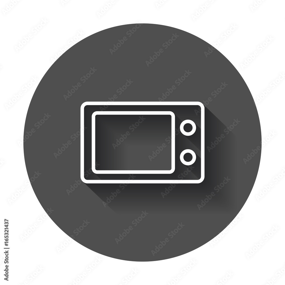 Microwave flat vector icon. Microwave oven symbol logo illustration on black round background with long shadow.