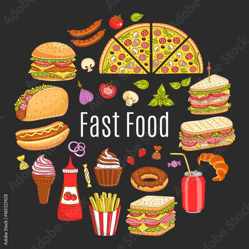 Vector sketch illustration of fast food circular shaped