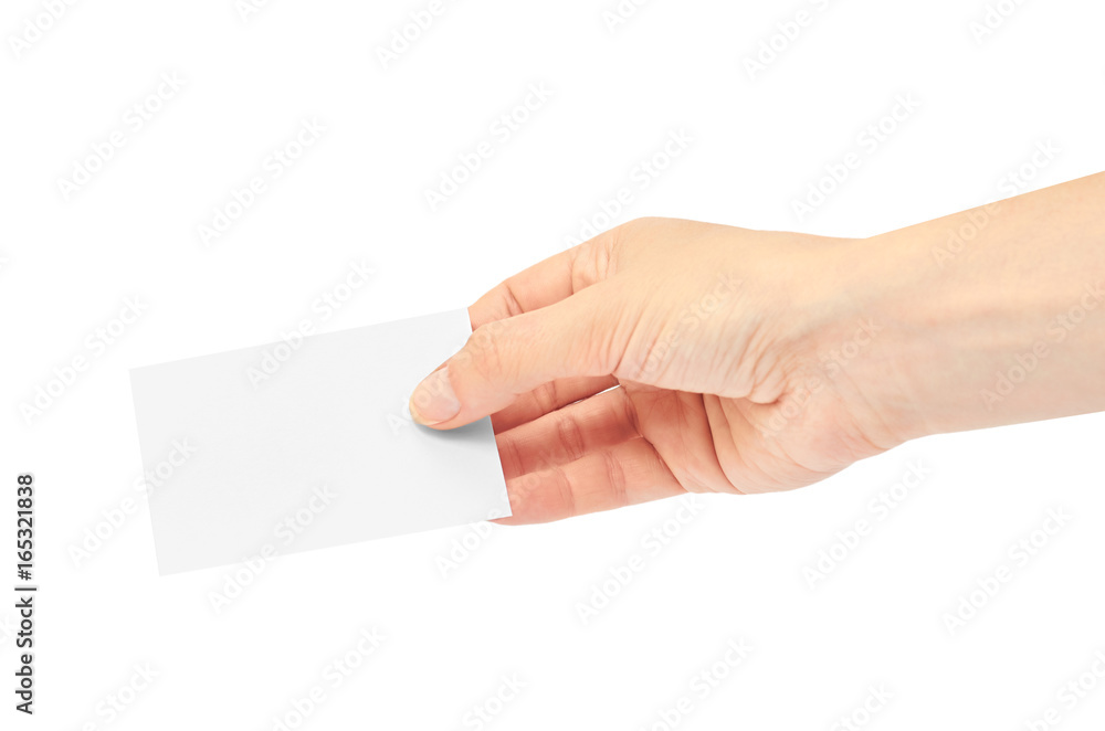 Female hands hold a business card. Isolated on white background Female hands hold a business card. Isolated on white background