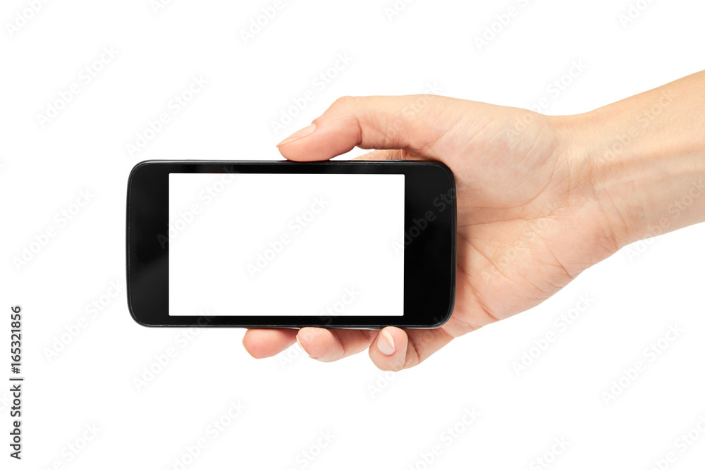 Female hands hold a cell phone, mockup template. Isolated on white background Female hands hold a cell phone, mockup template. Isolated on white background