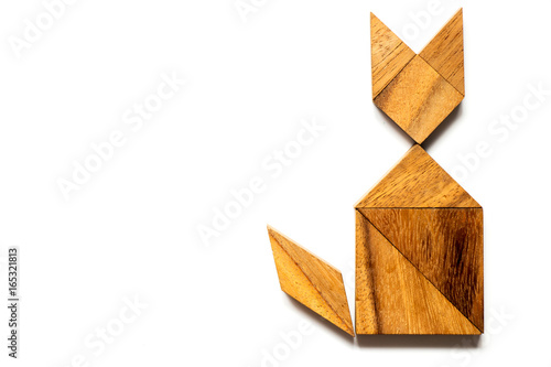 Wood tangram puzzle in cat sitting shape on white background