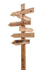 close up view of wooden street signs on white back 
