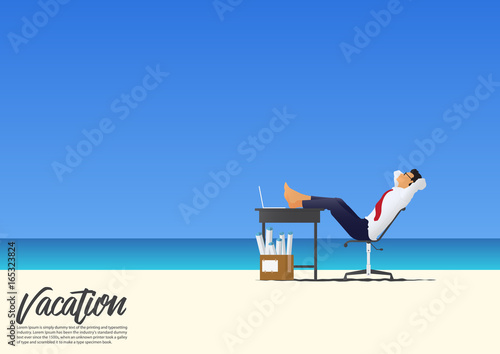 Side view of businessman relaxing with feet up on office desk on white sand beach while on his vacation. Blue gradient sky background  with copy space for your text.  Vector Illustration.