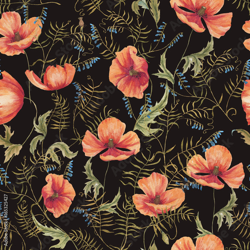 Wallpaper Mural Hand-drawn watercolor floral seamless pattern with the yellow poppy flowers and grass on the black background in vintage style. Natural and vibrant repeated print for textile, wallpaper. Wild blossom Torontodigital.ca